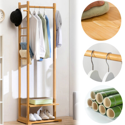 Premium Bamboo Coat Stand Corner Clothes Rack Garment Shelf