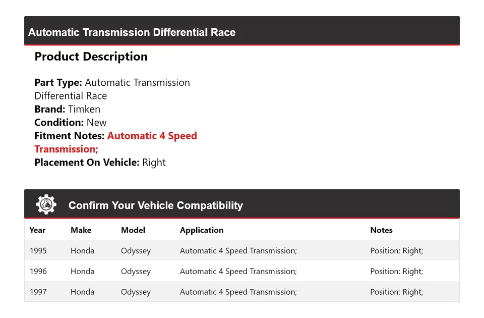 Para Honda Odyssey 1995-1997 transmisión automática diferencial carrera derecha Timken 1996 Foto 2 de 4