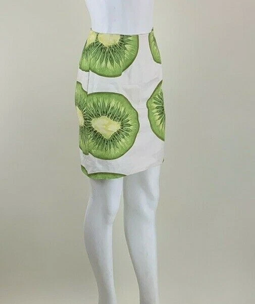 Saia lápis vintage Y2K Steven Stolman tamanho 2 estampa kiwi branca verde reta BQ - Imagem 3 de 4
