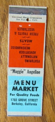 BERKELEY, CALIFORNIA: MENU MARKET 1940s MATCHBOOK MATCHCOVER (MAGGIE ANGELINE) E