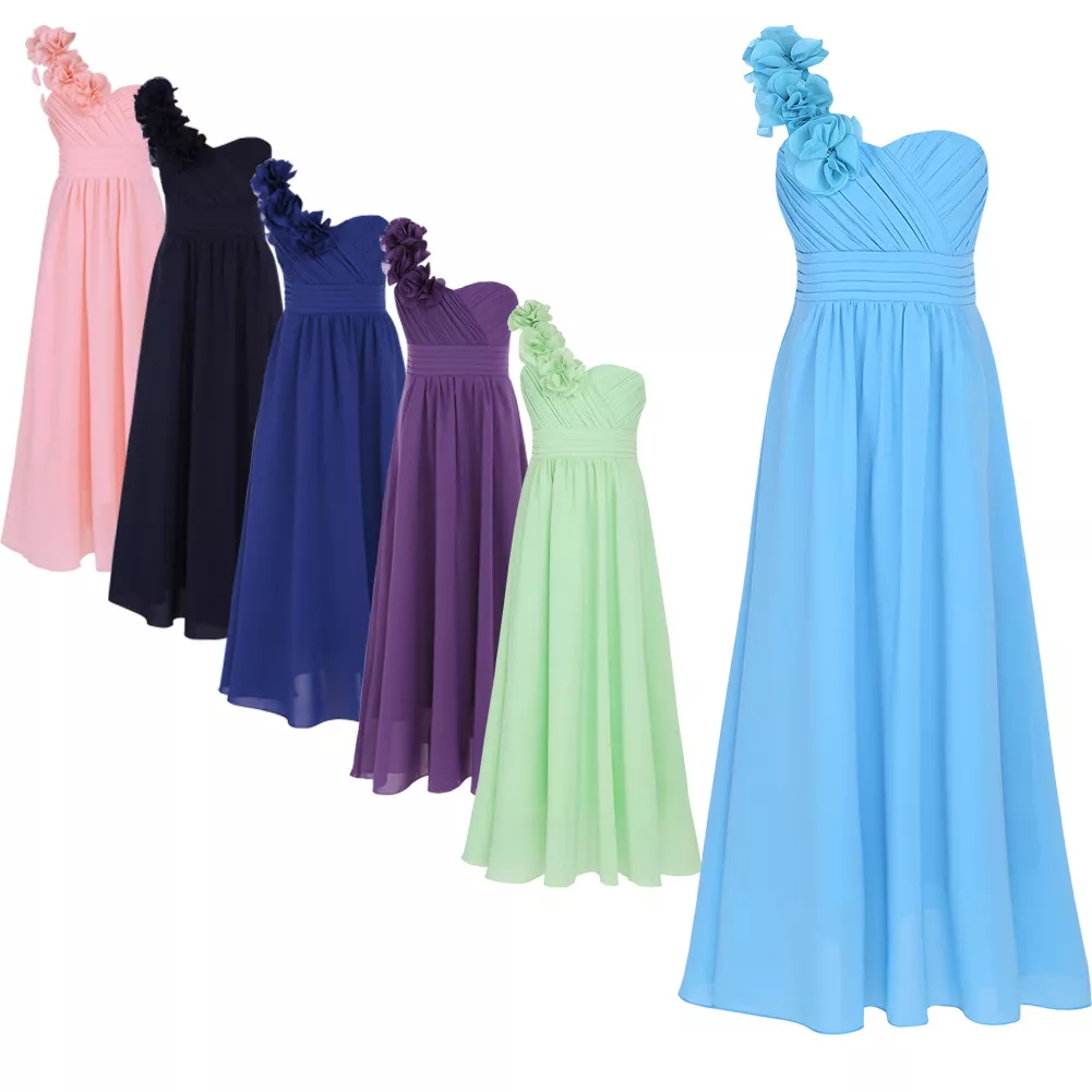 Fille Robe Demoiselle Une paule Mousseline de Soie Robes Longue