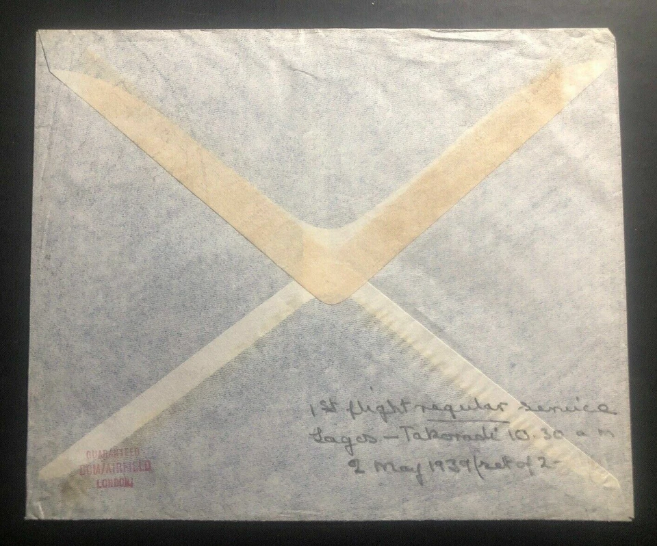 1939 Lagos Nigeria Primer Vuelo Correo Aéreo Cubierta FFC a Takoradi Gold Coast Foto 3 de 3