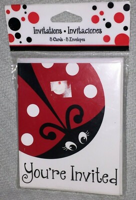 1 PACK (8 CARDS/8 ENVELOPES) Ladybug YOU'RE INVITED Birthday Party Invitations 