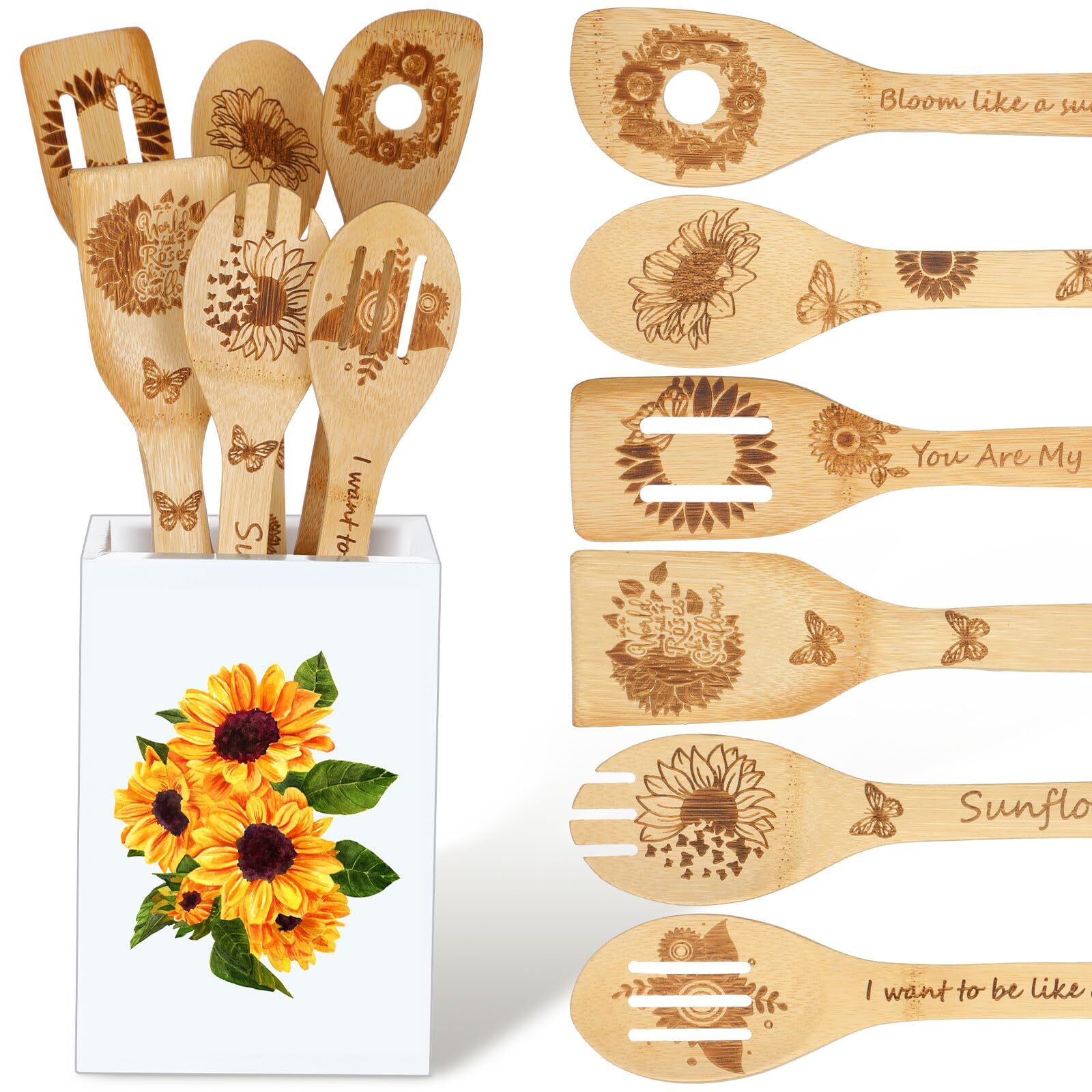 7 Pcs Sunflower Kitchen Utensils Set Spoons for Cooking with Utensils Holder ...
