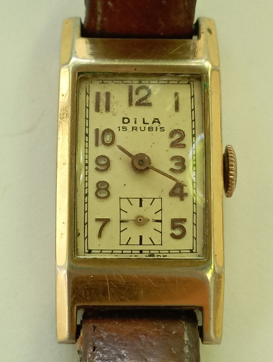 VINTAGE Swiss DILA 15 rubis watch Art Deco Tank military rolled