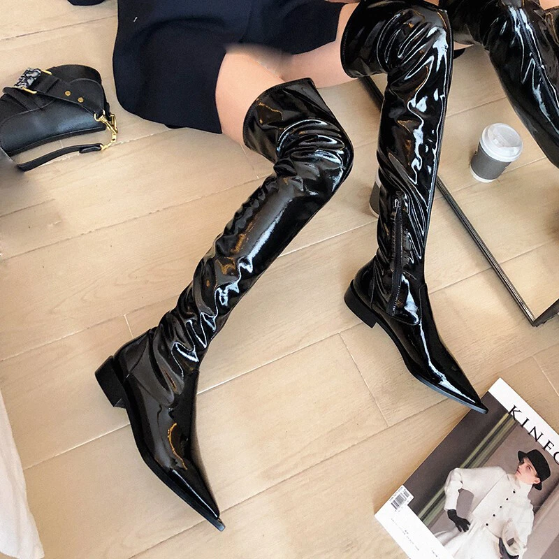 Black patent top low heel boots