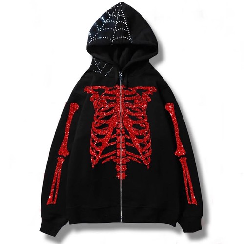 Mens Vintage Skull Hoodie Zip Up Hoodies Y2K Gothic Tops Sweatshirt Harajuku