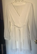 Women’s Shein White L/S Midi V-neck Dress W/Sheer Sleeve Size Large Item #1273