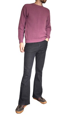 Herren Schwarz Stonewash Bootcut Stretch High Rise Jeans Vintage Retro Schlag Denim 70er
