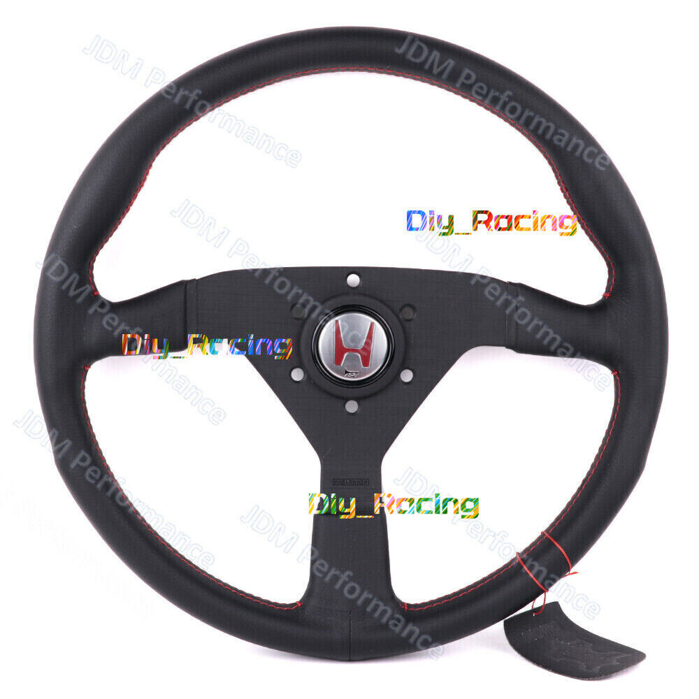 Red MOMO Leather Drift Sport Steering Wheel For Honda H logo horn