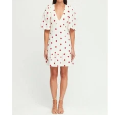 NEW RHODE MARIANA WHITE MINI DRESS WITH EMBROIDERED SCARLET DAISIES SIZE 8