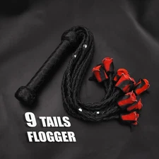 Real Red Rose Flogger, BDSM Suede Leather Flogger Whip 09 Tails Handmade Crop