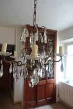 lustre à pampilles bronze verre ancien style baroque 5 feux