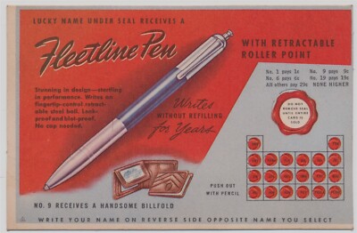 Vintage Gambling Punch Out Card Fleetline Pen 