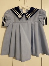 Vintage Girls Dress Size 24 Months Nautical Dark Light Blue Collar Puff Sleeves