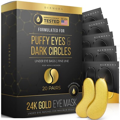 24K Gold Eye Mask  20 Pairs - Puffy Eyes and Dark Circles Treatments   Look Less
