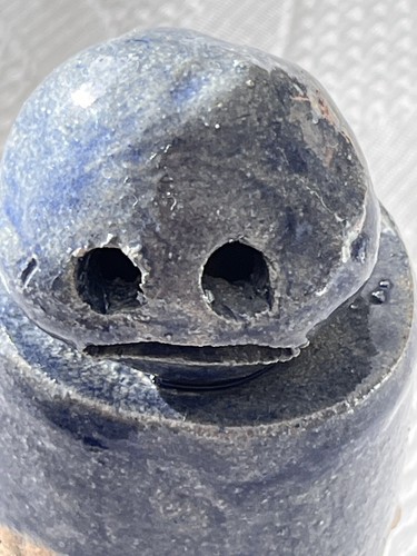 Studio Art Pottery Two Part Cut Broken Blue Scary Creepy Doll Man Figure Signed - Picture 3 of 19