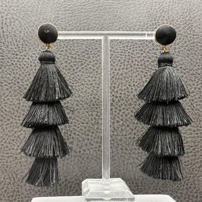 BaubleBar Black Tiered Tassel Drop Earrings Statement Jewelry Gold Tone Women 4''