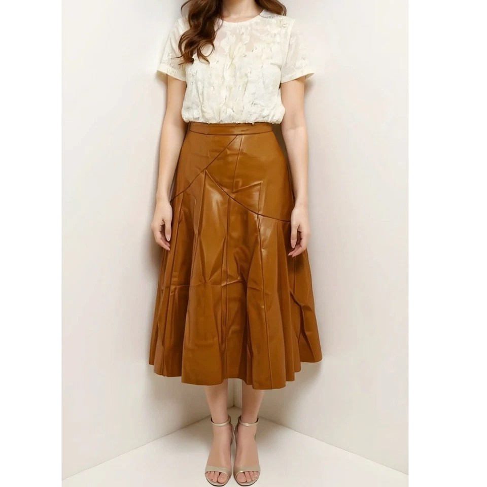 $130 NUEVO CON ETIQUETAS MAEVE x ANTHROPOLOGIE Mariska Falda Midi de Cuero Sintético, Marrón, 8 (EE. UU.) Foto 2 de 4