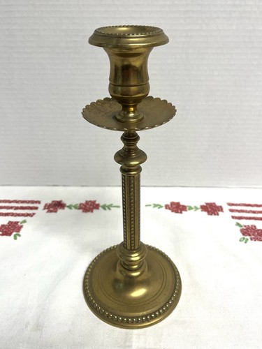 Antique Style Single Large Brass Candlestick Column Design Beaded Edging