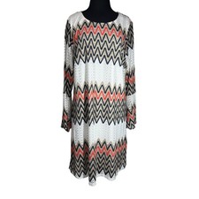 Tacera Chevron Print Shift Dress Sz 3X Bell Sleeves Lace Like Overlay Boho