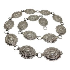 Silver Concho Link Belt Navajo Style Oval Stamped Medallion Chain Adjustable 36"