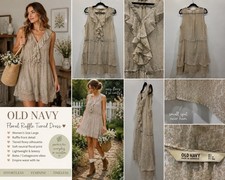 Old Navy Dress Large Beige Floral Ruffle Tiered Boho Cottagecore Sheer Prairie