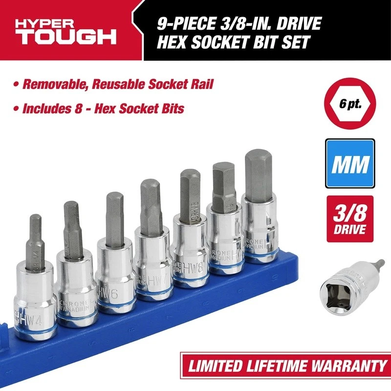 9-Piece 3/8 Inch Drive Metric Hex Socket Set Cr-V Steel Durable W/ Rail New - Image 4 of 4