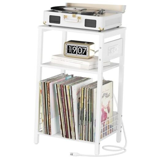 3-Tier White End Table with Charging Station and Record Player Stand
