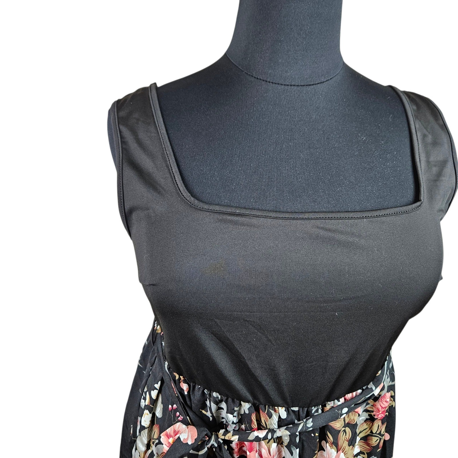 Shein Curve+ 5XL Black Floral Print Jumpsuit Square Neck Tie Belt image 7