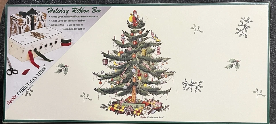Caja de cinta de vacaciones C. R. Gibson, diseño de árbol de Navidad Spode, 2004 nueva en caja sellada Foto 2 de 4