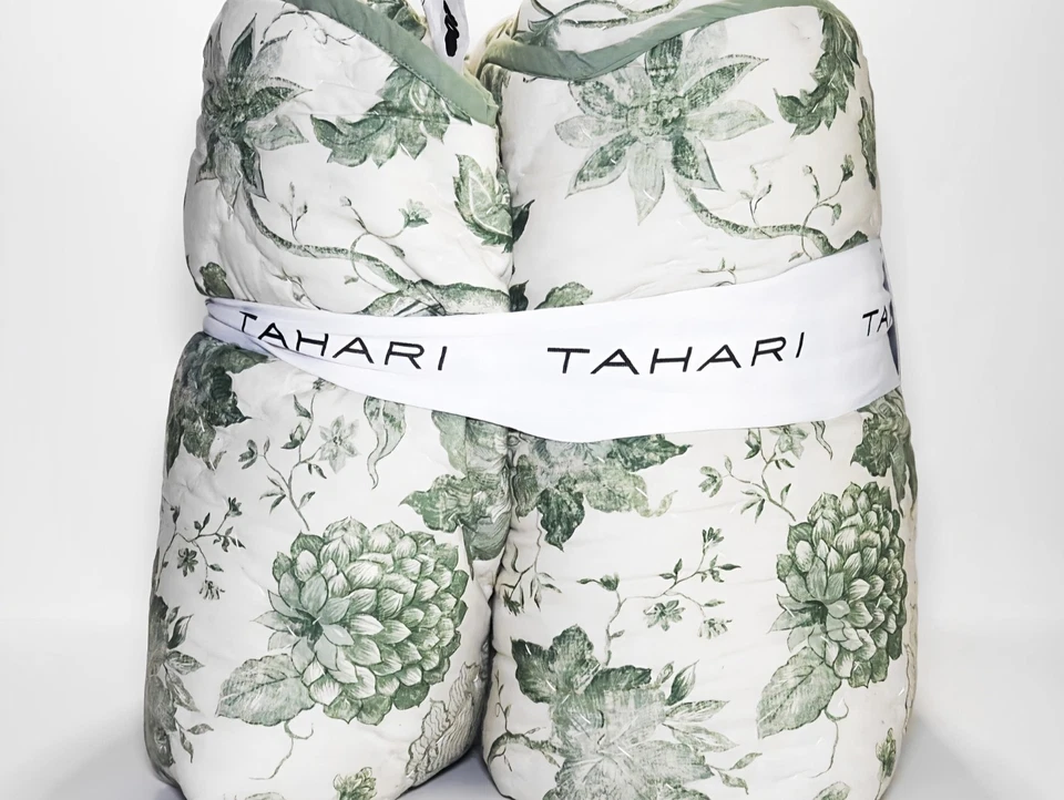 全新 Tahari Home King 绿色和白色棉印花扇贝被子花卉 106x92” — 第 3/4 张图片