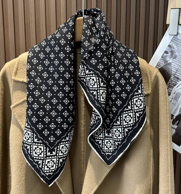 75% Cashmere 25%Silk Bandana 26'' Scarf Black point Print Neckerchief Shawl Wrap