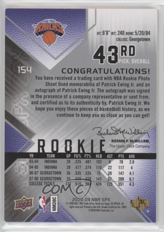 2008-09 SPx SPx Rookie Home /599 Patrick Ewing Jr #154 Rookie Auto RC - Image 2 of 2