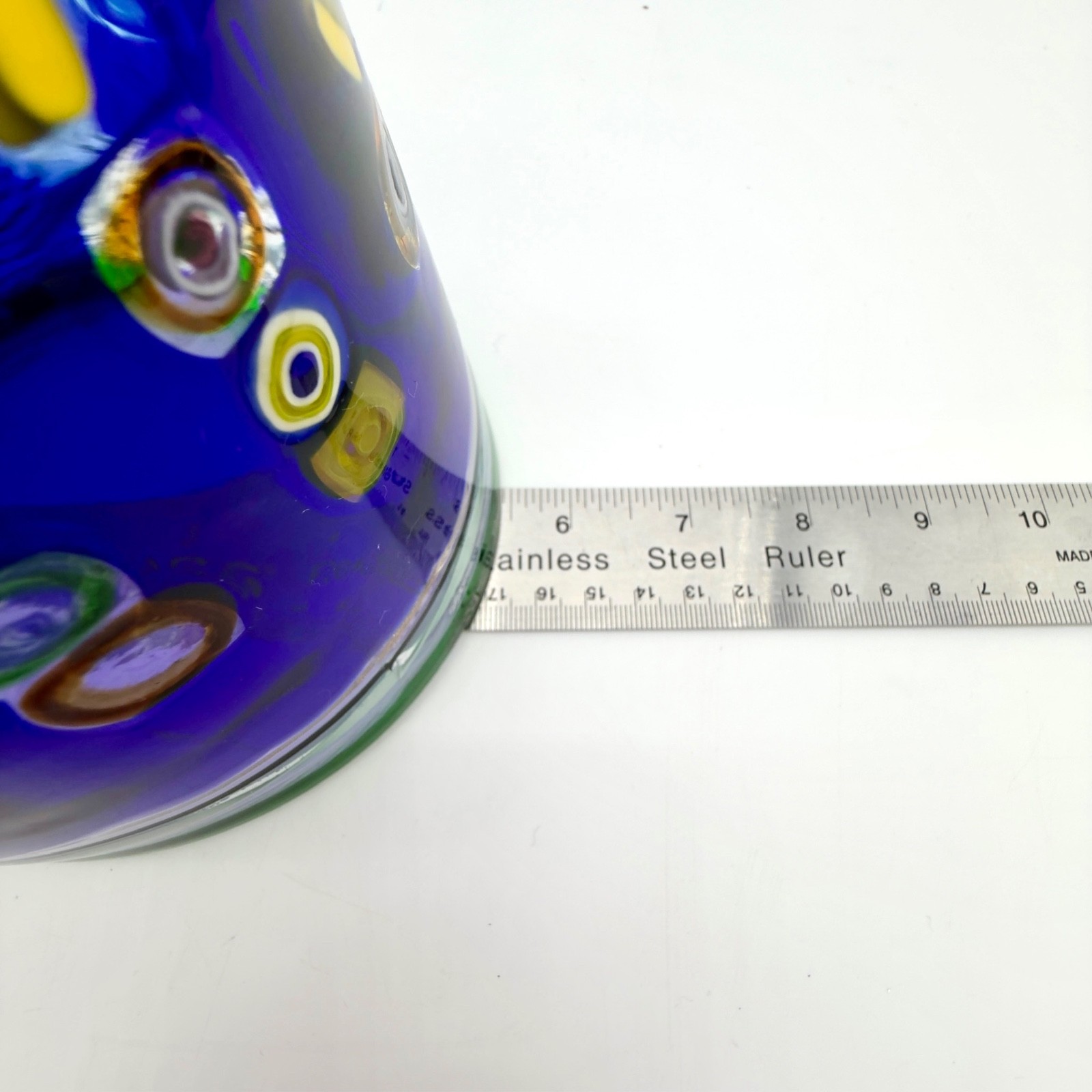 Murano Style Blue Murrine Millefiori Art Glass Pendant Lamp Shade Green Rim MCM