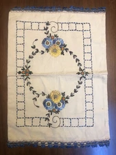 Vintage Embroidered Dresser Scarf Or Table Runner, Blue On Cream, 15 X 21”