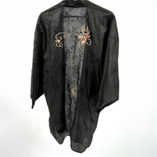 Vintage Black Satin Gold Dragon Embroidered Chinese Kimono Robe
