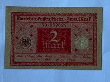Banknote Germany 2 Mark 1920-03-01 SN: 70:969629 unfolded, fancy number