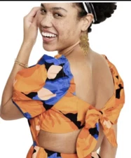 Tabitha Brown for Target SIZE 2 Orange Blue Puff Sleeve Tie Back Midi Dress NWT