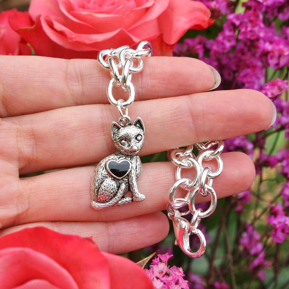 Cat Charm BRACELET Sterling Silver Plt Sitting Kitty Kitten Chain Jewelry  Gift