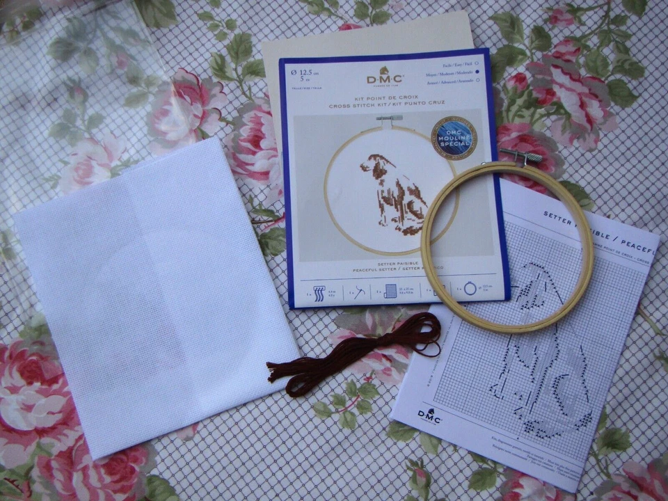 kit DMC point de croix chien setter fil, aiguille, cercle à broder, aida , diag - Photo 2/3