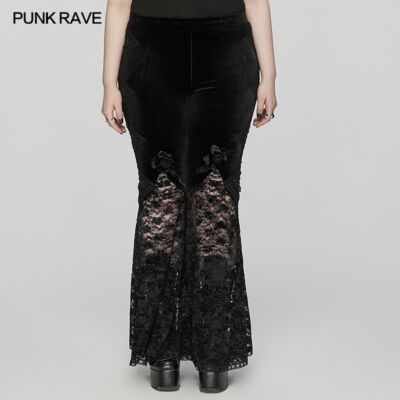 Punk Rave Women Black Gothic Velvet Lace Feather Flower Flared