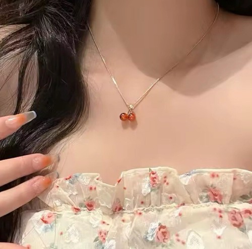 Red Cherry Charm Golden Chain Necklace & Earrings Set, Women Girl Jewellery Gift - Picture 11 of 13