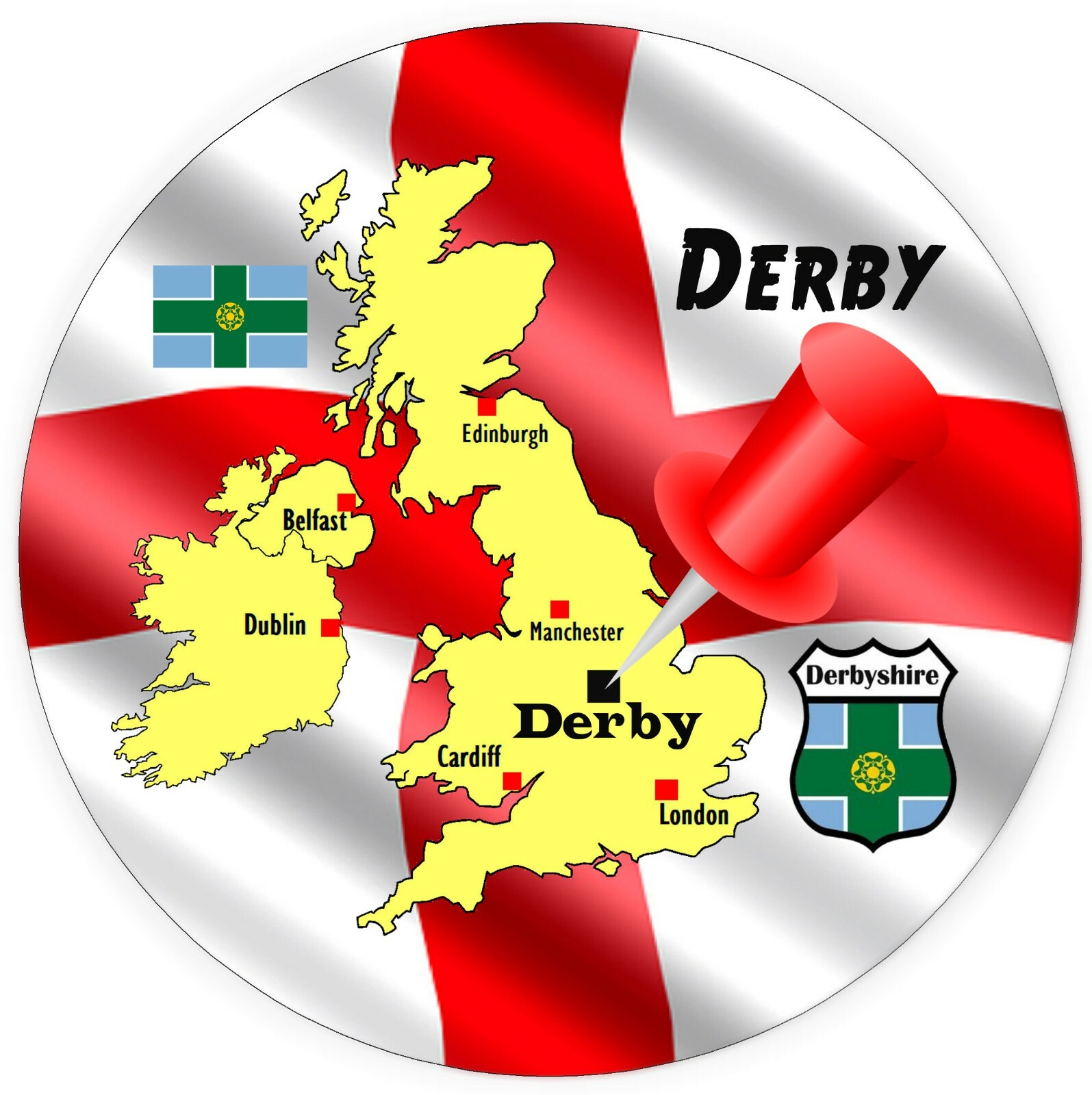 Derby,Derbyshire Carte / Drapeau - Rond Souvenir Nouveauté Frigo Aimant /