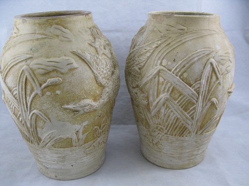 Paar Jugenstil Vasen Enten im Schilf ~ 1900 - 711 - 2x Vase Steingut / Ton - Picture 4 of 12