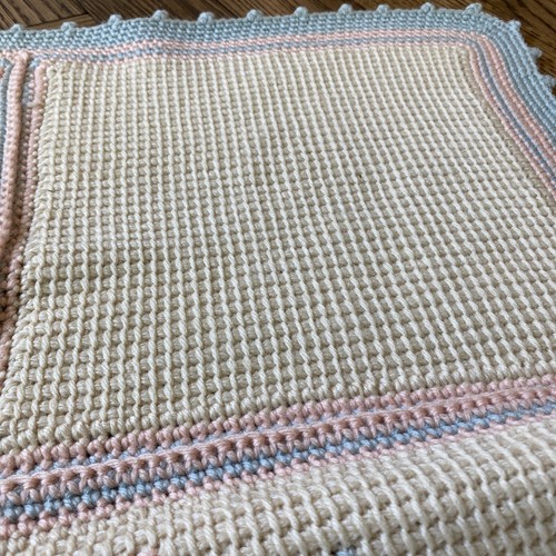 Large cream blue pink butterfly knit blanket Throw Mini Pom Pom Ends 56” X 74.5” - Picture 11 of 12
