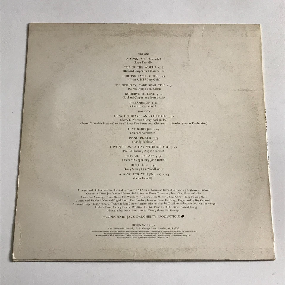 Carpenters - A Song For You LP Vinyl Record - AMLS 63551 - Image 2 of 4