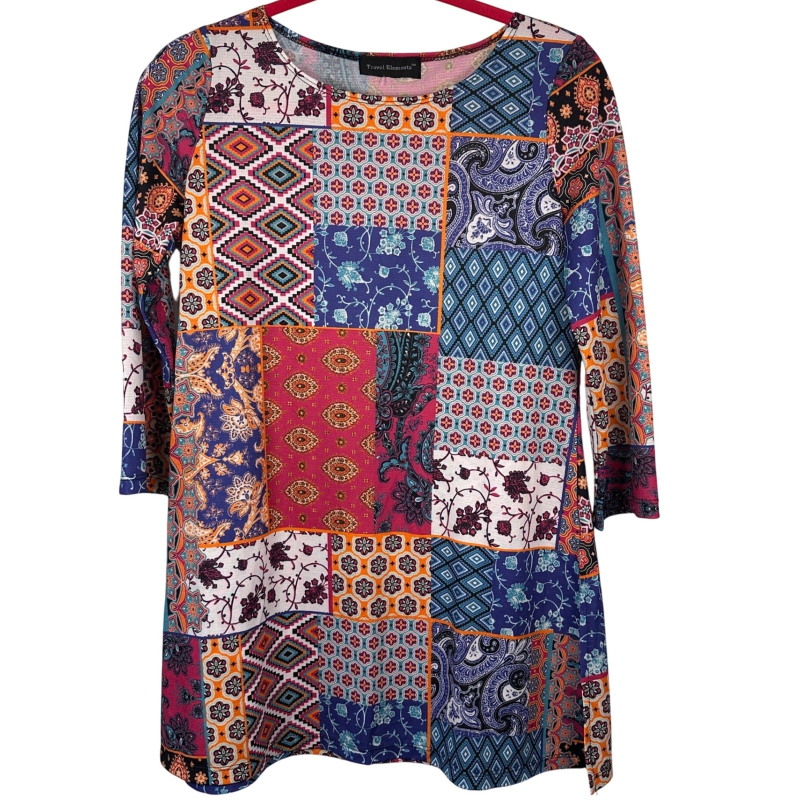 Travel Elements Patchwork Print Tunic Dress 3/4 S… - image 1