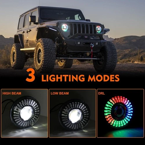 7'' RGB LED Headlights Chasing DRL Fog Lights Combo Kit For Jeep Wrangler JK JKU - Bild 10 von 24