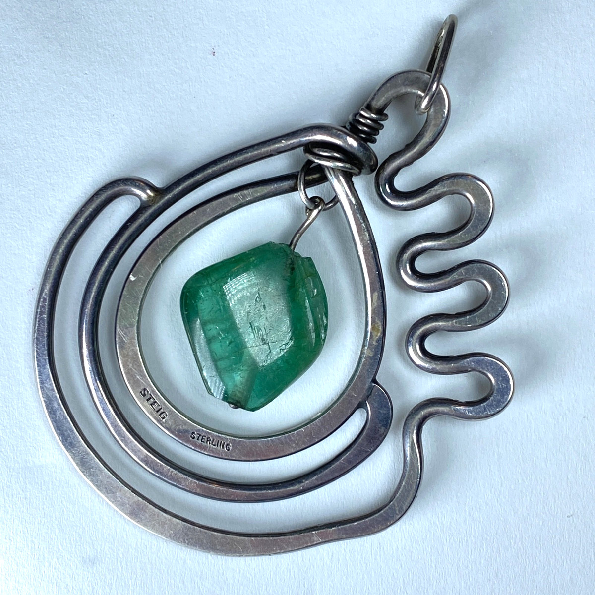 HENRY STEIG STERLING SILVER Designer Pendant Modernist Abstract Green Stone 21g View 6